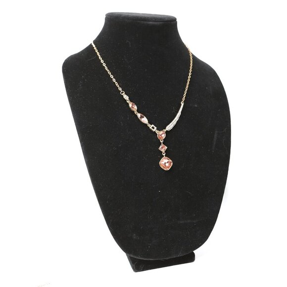 Gold Tone Pendant Necklace Rhinestone Pink Gems Asymmetrical Fashion Jewelry - Picture 8 of 10